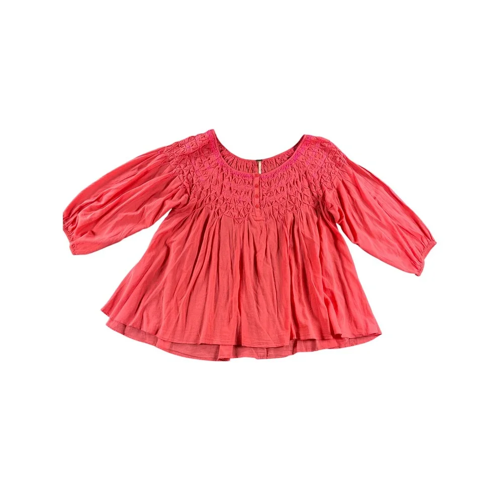 Free People Coral Pink Smocked Embroidered Boho Balloon Sleeve Blouse Medium